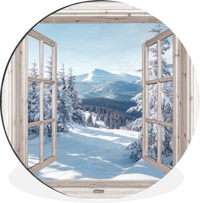 WallCircle - Wandcirkel - Muurcirkel - Doorkijk - Winter - Landschap - Natuur - Berg - Bomen - Wit - Aluminium - Dibond - 140x140 cm - Binnen en Buiten