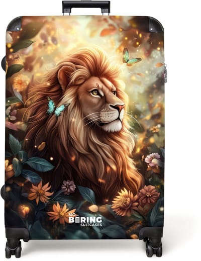 NoBoringSuitcases.com® - Koffer groot - Reiskoffer lichtgewicht - Leeuw met vlinders in bloemrijke jungle - Rolkoffer met 4 wielen - Grote trolley XL - 98 liter bagage