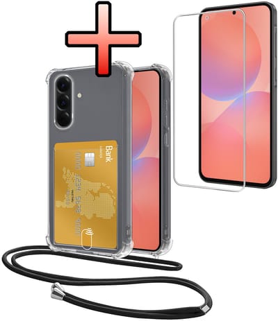 Hoes Geschikt voor Samsung Galaxy A36 Hoesje Pasjeshouder Cover Met Koord Shock Proof Case Siliconen Hoes Met Telefoonkoord en Kaarthouder Met Screenprotector - Transparant
