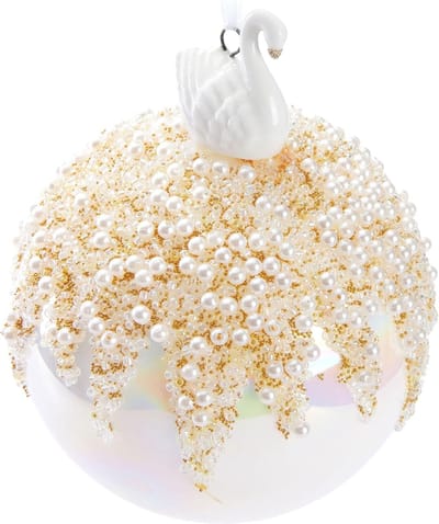 BRUBAKER Premium Kerstballen Parel Met Zwaan Porseleinen Beeldje - 3,9 Inch (3,9 In) Glazen Bal - Handgemaakt - Kerstboom Ornament - Kerstboombal - Wit Gekleurd