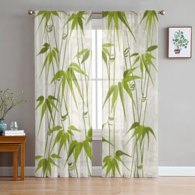 Tule Transparante Gordijnen met Bamboe met Bladeren Patroon voor Woonkamer de Kamer Slaapkamer Keuken Decoratie Voile Organza Gordijnen 135W x 183H(cm)