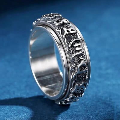Bagues pour Hommes Rotatives Creuses Mantra à Six Caractères Bague Vintage Style Raffiné Style Couple Bijoux de Soirée Banquet 11.5 gray