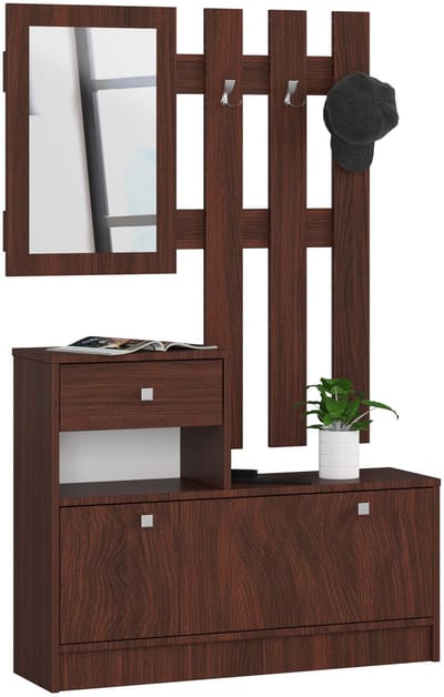Wandmeubelset voor de hal, Klassiek Ontwerp, Wenge Kleur, Inclusief Spiegel, Twee Elementen, 90x170x25 cm, Door & Lade, Zelfmontage, Max. 5 Paar Schoenen, Perfect voor Moderne Entrees