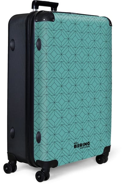 NoBoringSuitcases.com® - Koffer groot - Reiskoffer lichtgewicht - Blauw met zwart geometrisch patroon - Rolkoffer met 4 wielen - Grote trolley XL - 98 liter bagage