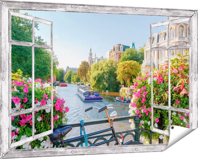 Gards Tuinposter Doorkijk Amsterdamse Kanaal met Bloemen - 150x100 cm - Tuindoek - Tuindecoratie - Wanddecoratie buiten - Tuinschilderij