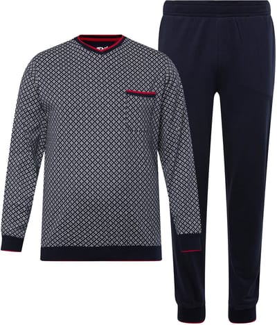Men Plus - Heren - Pyjama tweedelig Buik-Fit lange mouwen - Navy blauw - Maat L