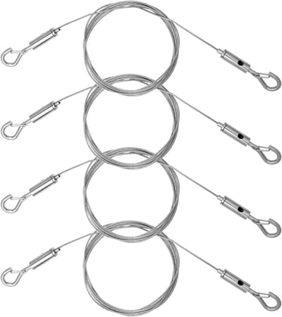 4 stuks staalkabel met ogen, zilverkleurig, fototouw, ophangdraad, verstelbaar, ophangdraad met haken, robuust roestvrij stalen draadtouw met ogen, voor spiegels, lampen, kunstwerken (2 m x 1,5 mm)