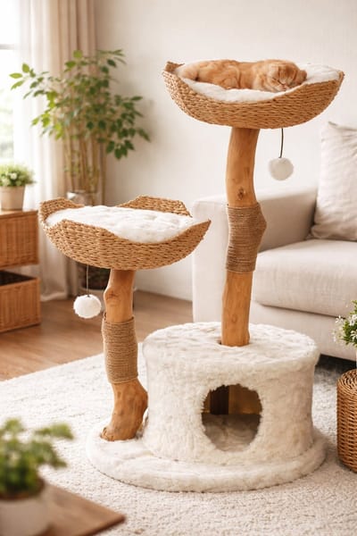 Design Krabpaal Kat – Natuurlijk Hout met 2 Rieten Ligmanden – 119 cm
