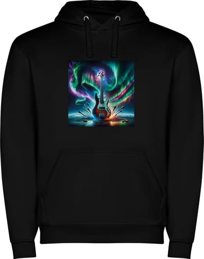 Zwarte unisex hoodie met “ Kleurrijke Electrische Gitaar – Muziekinstrument – Muziek – Noorderlicht “ Print Full Color merk Roly maat XL