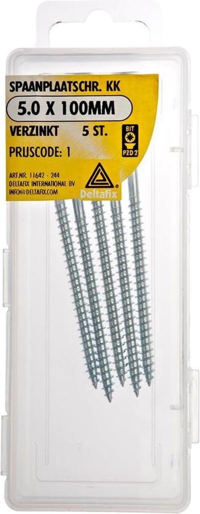 Spaanplaatschroeven. 5.0 x 100mm. lang. Platkop. Kruiskop- Pozidrive-2. Verzinkt. 5 stuks Houtschroeven. Deltafix.