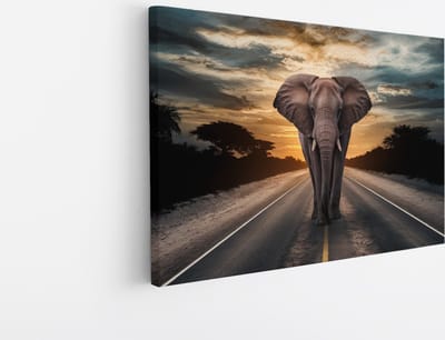 Saammp Canvas Schilderij - olifant op de weg - Afrika - Dieren - 45x30 - Foto op canvas - Wanddecoratie - muurdecoratie Woonkamer - Slaapkamer decoratie - Canvas Print
