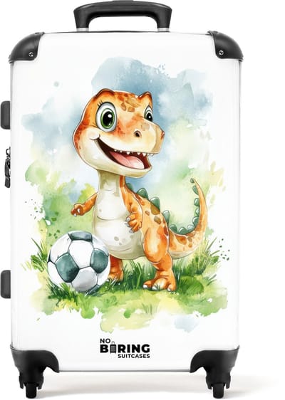 NoBoringSuitcases.com® - Kinderkoffer jongen - Kindertrolley jongens - Dino met voetbal in kleurrijk veld - Koffer kind groot - Rolkoffer lichtgewicht - Reiskoffer met 4 wielen - Grote trolley XL - 20 kg bagage