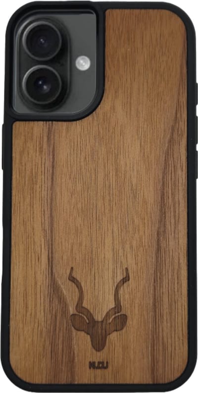 Kudu iPhone 16 Plus case - Houten backcover - Handgemaakt en afgewerkt met duurzaam TPU - Walnoot - Zwart