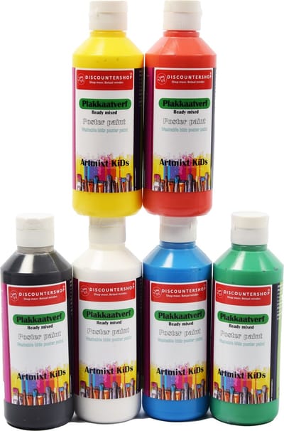 Discountershop Plakkaatverf Set 6x250 ML - Waterbasis, Uitwasbaar, Kindvriendelijk - Geschikt voor Papier en Hout - Diverse Kleuren