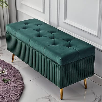 Opbergbank Fluweel - Ottomaanse Poef - Extra Zitplaats - Gouden Poten - 80x40x45cm - Groen