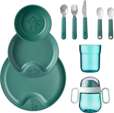 Kinderservies set Mio - Kinderbeker - KinderBord - Kinderbestek - 10-delig - Turquoise