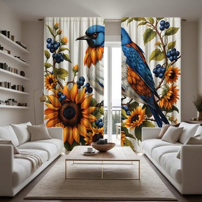 Ensemble de 2 pièces HD Festival de la récolte Arbre de myrtille Tournesol oiseau rideau décoratif Rideau imprimé numérique cravate jaune Décoration de la maison W52H63inchW132H160cm black