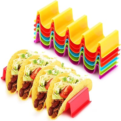 JeiibrZui TacoHouder Set - 6 Stuks Herbruikbare Kunststof Taco Rekken - 17,8x5,6x3,4 cm - 4 Slots Per Houder - Kleurrijk Voor Feesten, Restaurants En Picknicks
