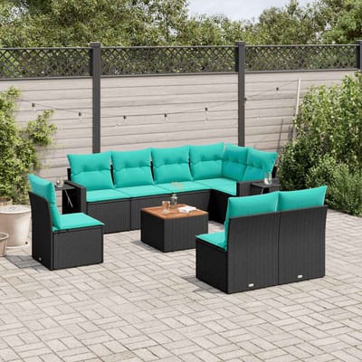 vidaXL - 9-delige - tuinbankset - met - kussens - van - zwart - polyrotan