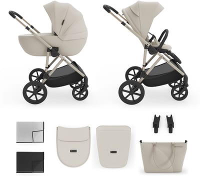 Kinderkraft PRIME 3 Kinderwagen - 2-in-1 met reiswieg en zitunit grote smooth ride wielen inklapbaar met zitting - Beige