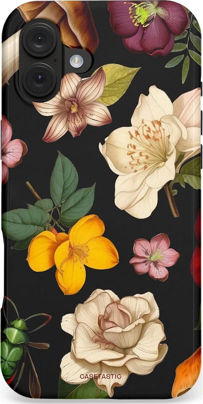 Casetastic hoesje geschikt voor Apple iPhone 16 Plus - MagSafe - Dubbellaagse bescherming - Bosrijke betovering - Fashion Case - Zwart Taupe Perzik Donkergroen