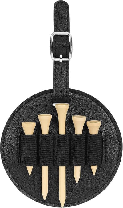 Golf Tee Houder - Zwart Leren Taslabel met 5 Houten Tees - Draagbare & Duurzame Golf Accessoire - Perfect Cadeau voor Mannen - Opbergorganizer voor Golfzak