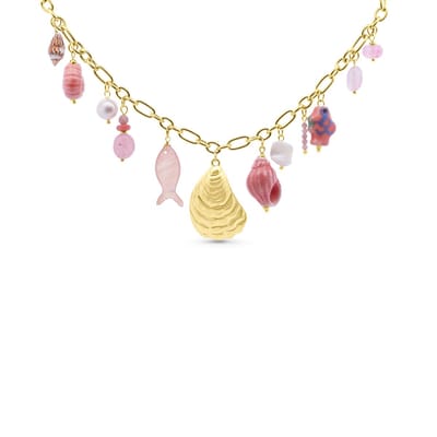 CO88 collection – 8CN-26495 – Ketting roze met zee-bedels & schelp – goudkleurig – 40+6 cm