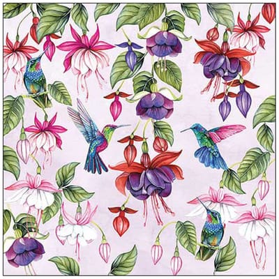 Ambiente papieren servetten lichtroze fuchsia bloemen met kolibri print 33 x 33 cm