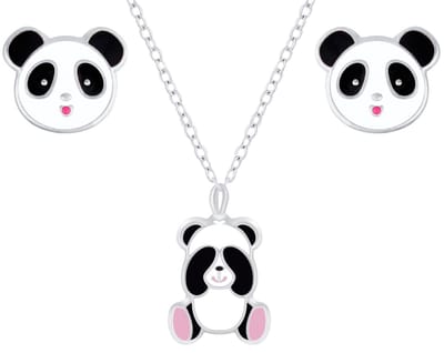 Joy|S - Zilveren panda hanger met ketting en panda oorbellen set