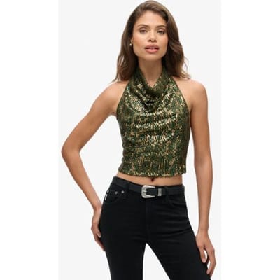 Superdry Halter Top met Cowl Hals en Pailletten Groen Grootte: 40