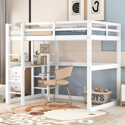 Hoogslaper 140 X 200 cm - kinderbed - met opbergruimte - 4 opbergvakken en een bureau - wit - zonder matras