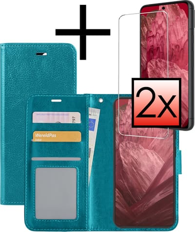 Hoesje - Met 2x Screenprotector - Geschikt voor Google Pixel 8a - Luxe Pasjeshouder - Bookcase Portemonee - Flip Case - Kunstleer Book Case - Flipcase Hoes - Book Cover - Walletcase - Portemonneehoes - Turquoise