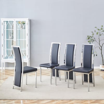 [Set van 4] Minimalistische Europese eetkamerstoelen met zilverkleurige afwerking. Zwart PU-leer + zilverkleurig metalen frame, 109 cm hoog, geschikt voor diverse toepassingen zoals eetkamers, kantoren, etc.