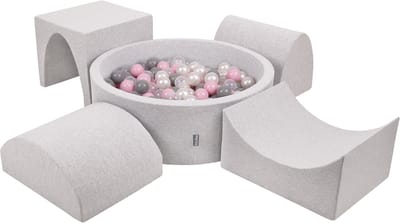 KiddyMoon schuimspeelplaats met rond ballenbad (200 ballen) ballenbakken voor baby's speelbad hindernisbanen, made in the eu, lichtgrijs:pearl/grijs/transparant/powderroze