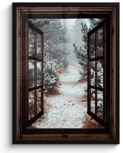 Poster in lijst - Fotolijst 50x70 cm - Posters - Bos - Winter - Bomen - Natuur - Pad - Doorkijk - Posterlijst zwart - Decoratie - Wanddecoratie woonkamer - Muurdecoratie slaapkamer