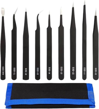 Precisie Pincetten Set - Modelbouw Tangen - Kleine Onderdelen Hanteren - Antistatische Coating - 9 Stuks - Zilver