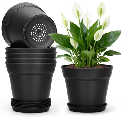 Dailygoods - 6 Stuks Zwarte Plastic Plantenpotten 15,3 cm met Drainagegaten en Trays