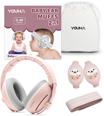 Youha gehoorbeschermingsset - gehoorbescherming geschikt voor Baby’s en Peuters (0-4 jaar) - 2-in-1 set - Anti slip- en klitterband - Kleur: Roze