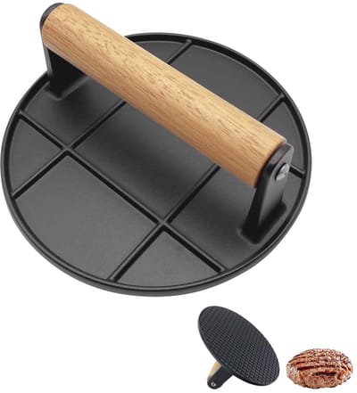 Ynkkvre - burgerpers 16 cm rond - hittebestendig met houten handvat - aluminium hamburgerdrukker voor BBQ, grill en koken - makkelijk schoon te maken - zwart