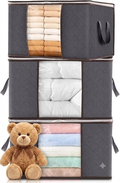 Livatto Opbergtas Kleding 60L, Opvouwbare Opbergbox, Set van 3 - Grote Verhuisdozen met Deksel voor Dekens, Speelgoed, Textiel - Grijs
