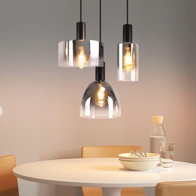 NETTLIFE Hanglamp E27 - Glas - 3-Lichts - rond - rookgrijs - Vintage Eetkamerlamp - in hoogte verstelbaar 150cm - Glazen Hanglamp - voor Keuken | Slaapkamer | Woonkamer (exclusief lampen)-excl. lichtbron