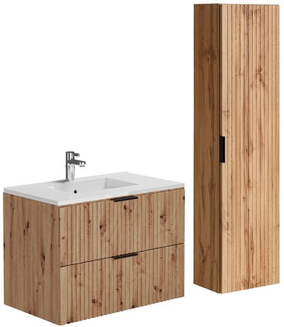 Vente-unique Geribbeld hangmeubel met inbouwwastafel en kolomkast - Lichte houtkleur - 80 cm - ZEVARA
