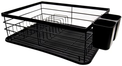 Afdruiprek Zwart met Lekbak en Bestekhouder – RVS Afwasrek voor Borden, Glazen, Mokken en Servies – 43 x 32 x 14,5 cm – MH-8097