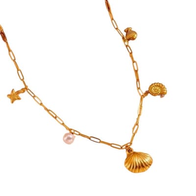 Aramat Jewels | Halskettingen | Goudkleurige bedelketting met parel & zeethema | | | |1,5mm | Staal | Volwassenen | Verkleurd niet