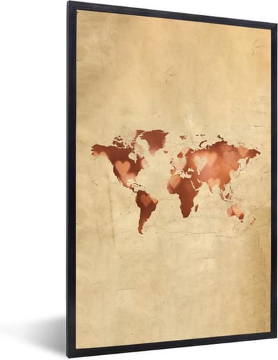 Fotolijst incl. Poster - Wereldkaart - Hart - Papyrus - 40x60 cm - Posterlijst