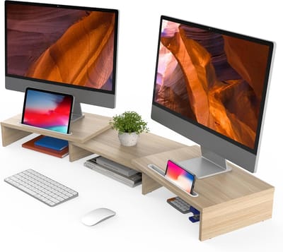 Famanu – Houten verstelbare monitorverhoger met telefoonhouder, draaibare lengte 79–111 cm, maximaal 25 kg draagvermogen