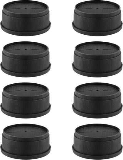 Ronde verstelbare plastic meubelverhogers, 8 stuks, 9.7 x 4.5 cm, geschikt voor bedden en banken met ronde poten, met rubberen onderpads voor stabiliteit en bescherming.