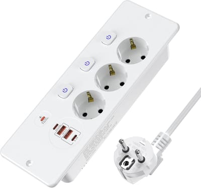 StayPowered Inbouwstekkerdoos - Bespaar Ruimte en Laad Slim Op - 3 Stopcontacten - 2 USB - 2 USB-C - 4000W Vermogen - Uitschuifbaar Ontwerp - 3 Individuele Schalelaars - Wit- Levering Sneller dan Aangegeven!