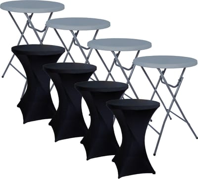 BRASQ Statafel Grijs – Ø80 x 110 cm – Set van 4 – Staantafel – Partytafel – Bartafel – Inclusief 4x Zwarte Statafelrok – Voor Binnen en Buiten – Vouwtafel – Inklapbaar – Kunststof en Metaal