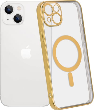 ShieldCase telefoonhoesje geschikt voor Apple iPhone 14 Plus hoesje transparant Magneet metal coating - goud - Backcover case doorzichtig - Shockproof hoesje - Met oplaad ring